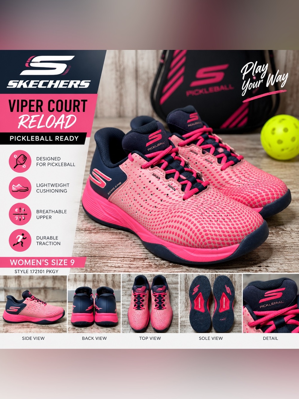 Skechers Viper Court Reload Pickleball Shoes Women’s 9 Pink Navy 172101 PKGY